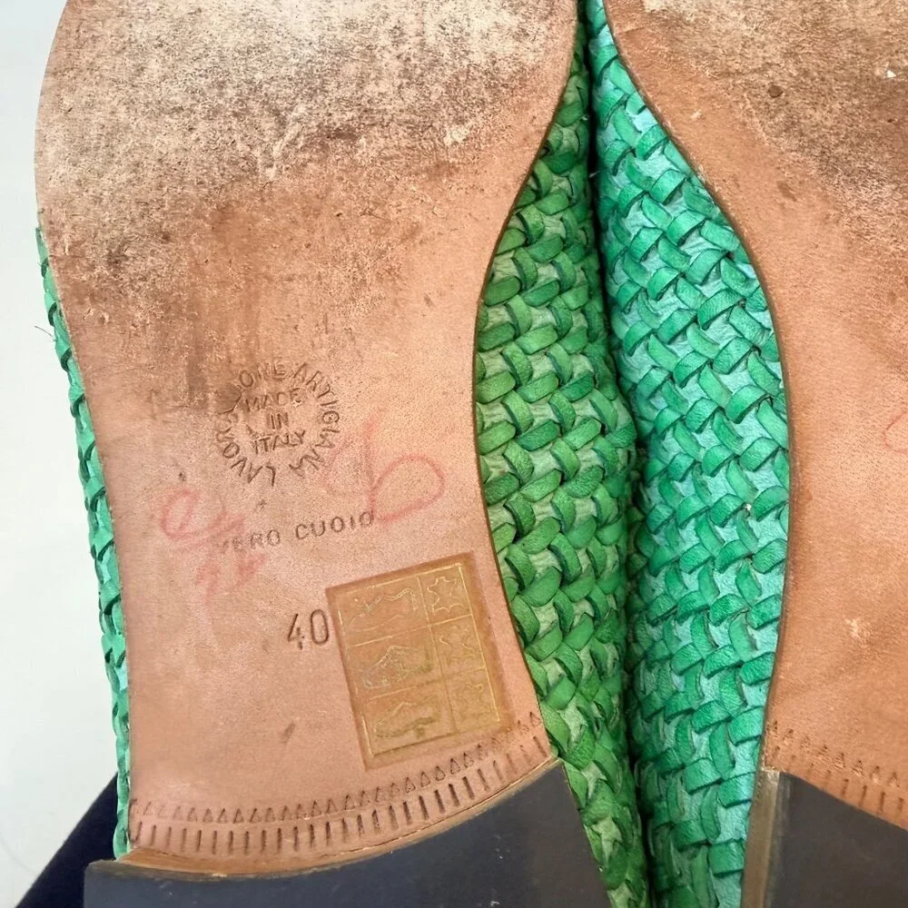 Ann Marshburn Woven Leather Tassel Loafers Green Size 40